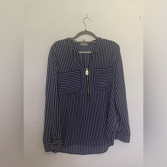 Michael Kors Blue and White Long Sleeve Blouse with Mandarin Collar - Picture 1 of 1